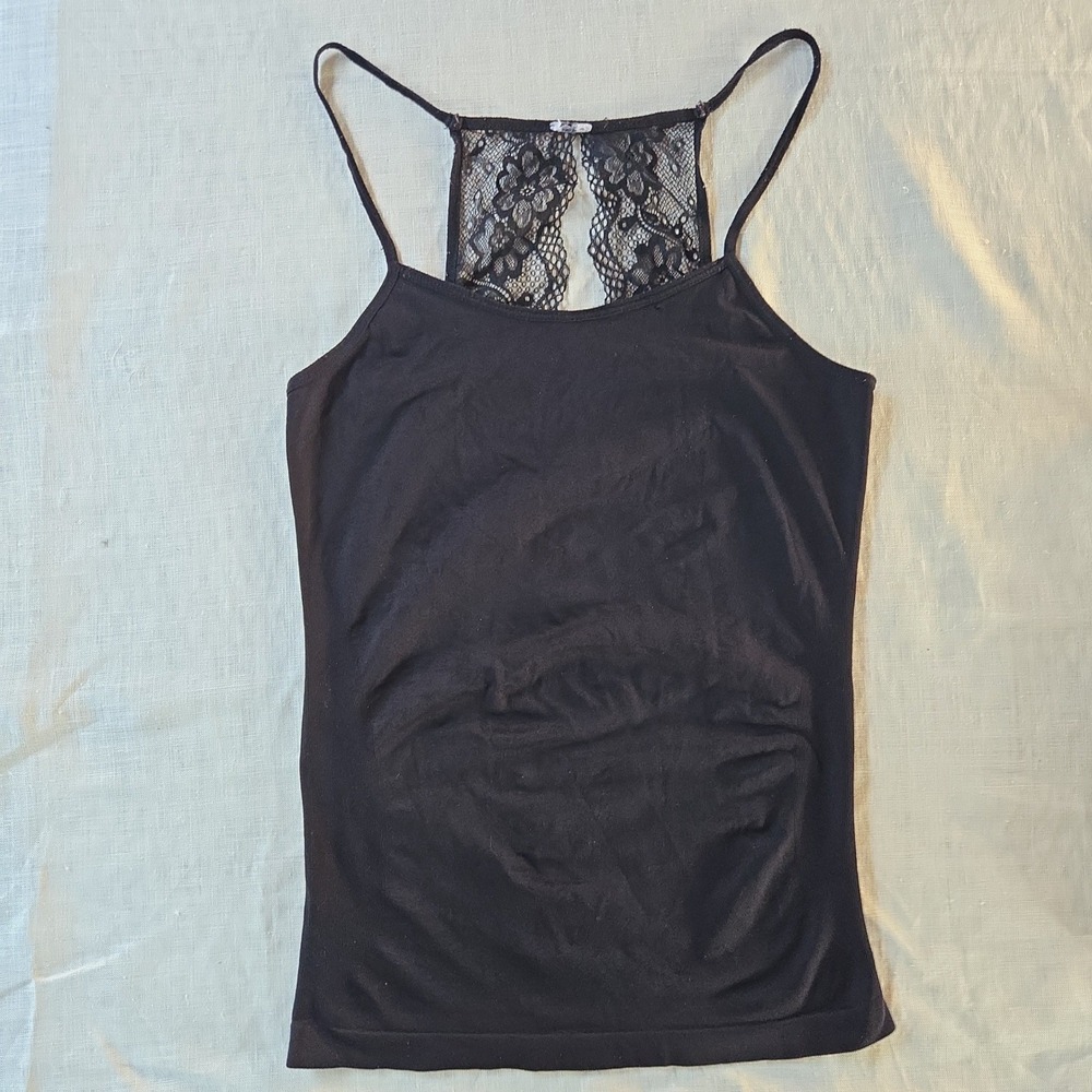 Lace Racerback Camisole Cami‎ Small Womens Black Floral Back Spaghetti Strap Top